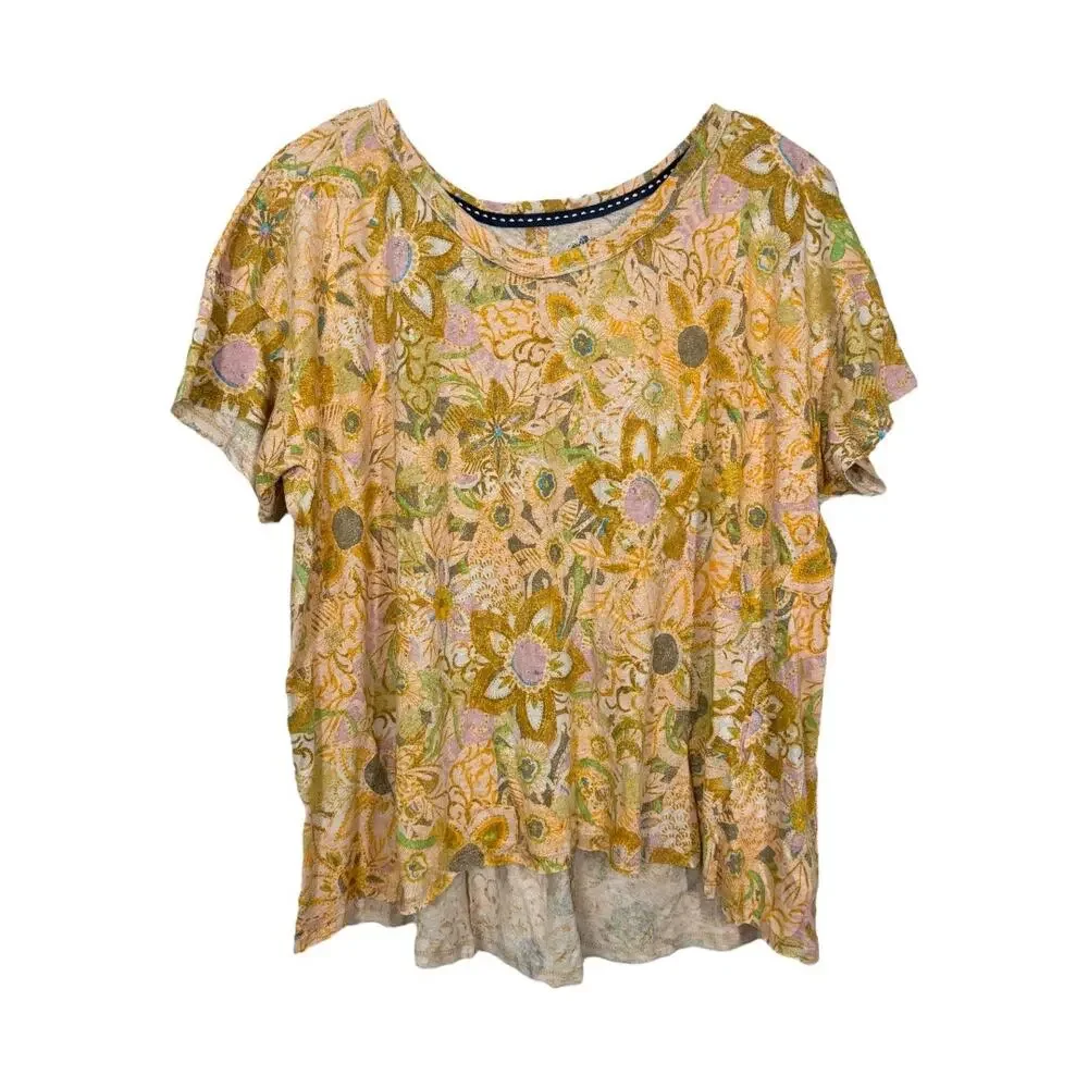 Anthropologie Pilcro Split Back Swing Tee Medium New Paisley Floral Print Yellow - Picture 3 of 7